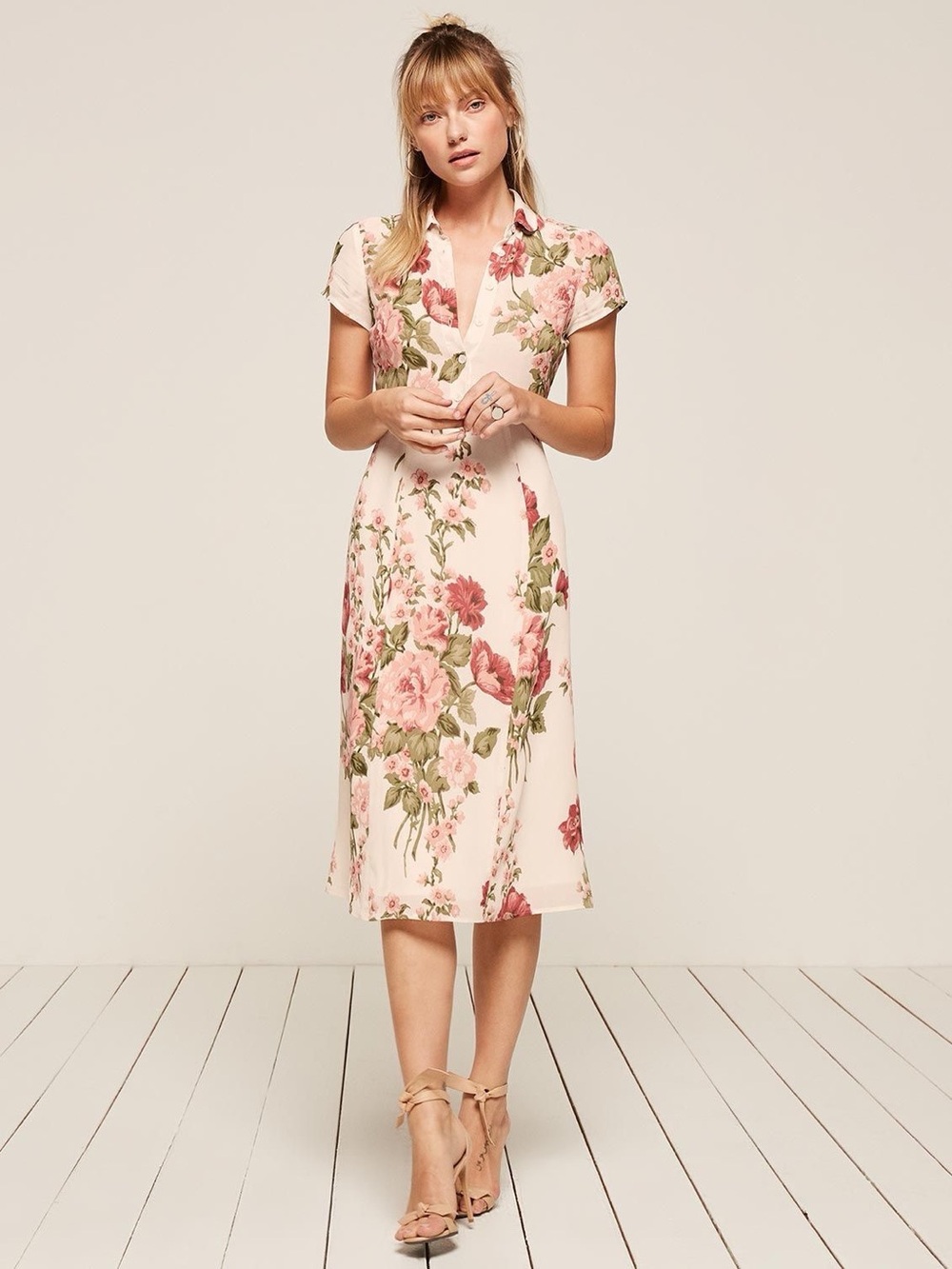 Reformation Pink Floral Collared Midi Dress Size 6